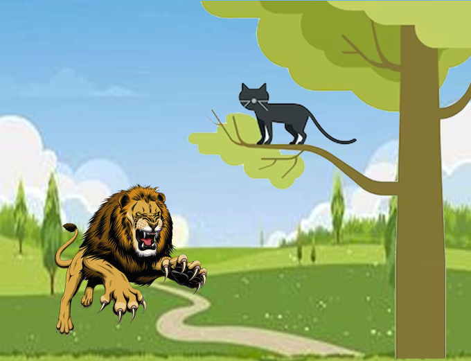 story of lion and smart/knowledgeable cat 